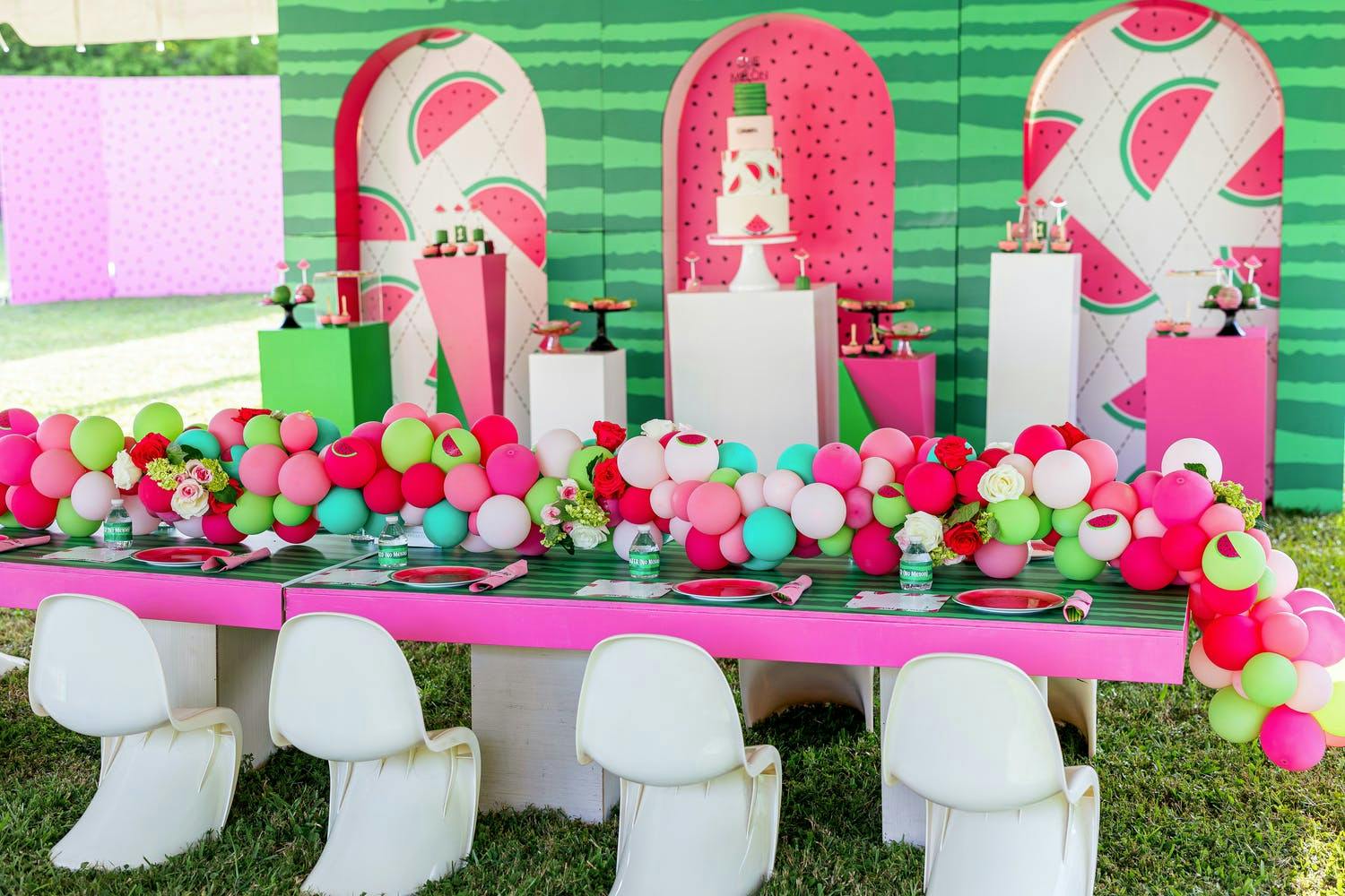 Watermelon themed Birthday Party With Vibrant Pink and Green Colors at the Tablescape | PartySlate