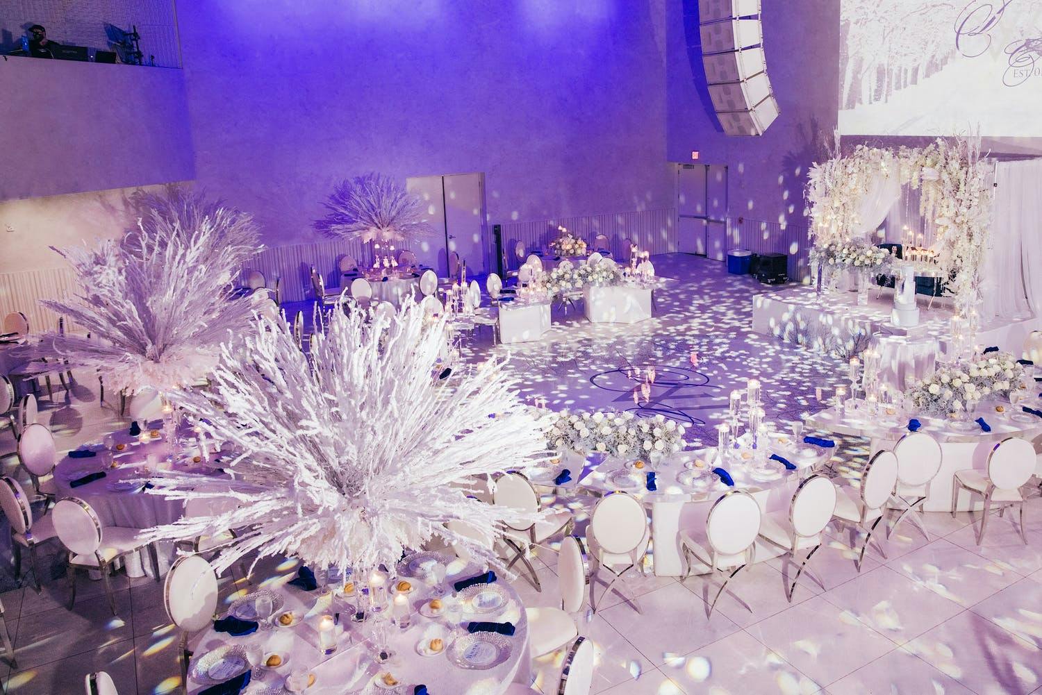 Winter wonderland wedding with purple uplighting and frosted white branch wedding centerpieces | PartySlate