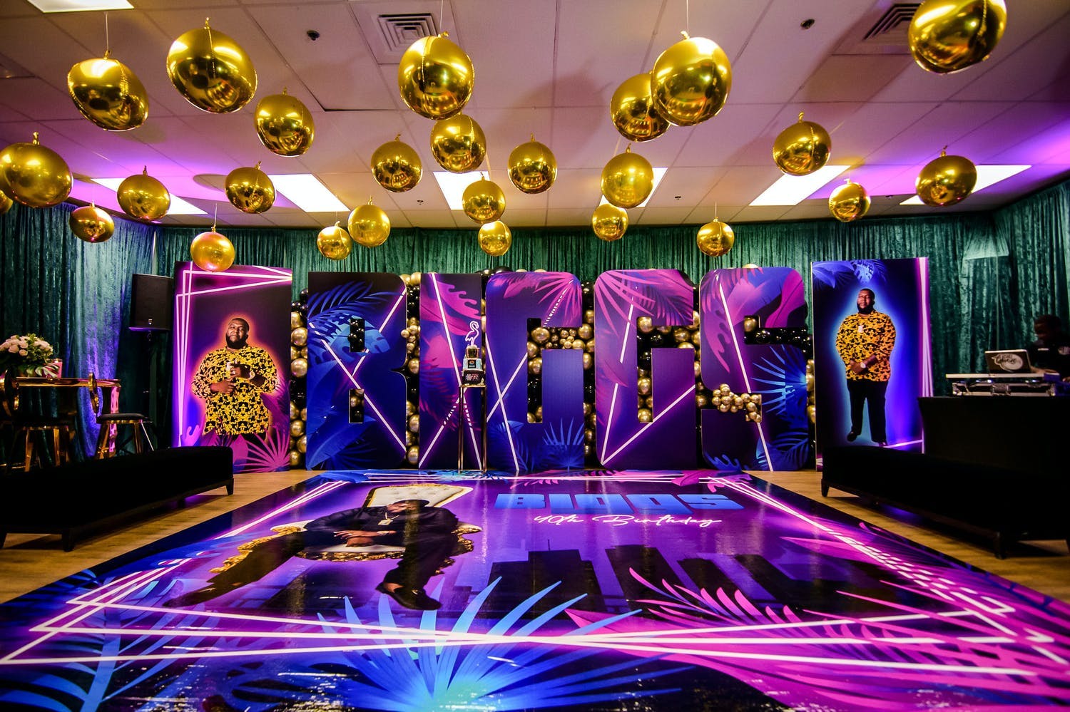 Milestone Birthday Celebration with Gold Disco Balls and Purple and Blue Dance Floor with Lasers | PartySlate
