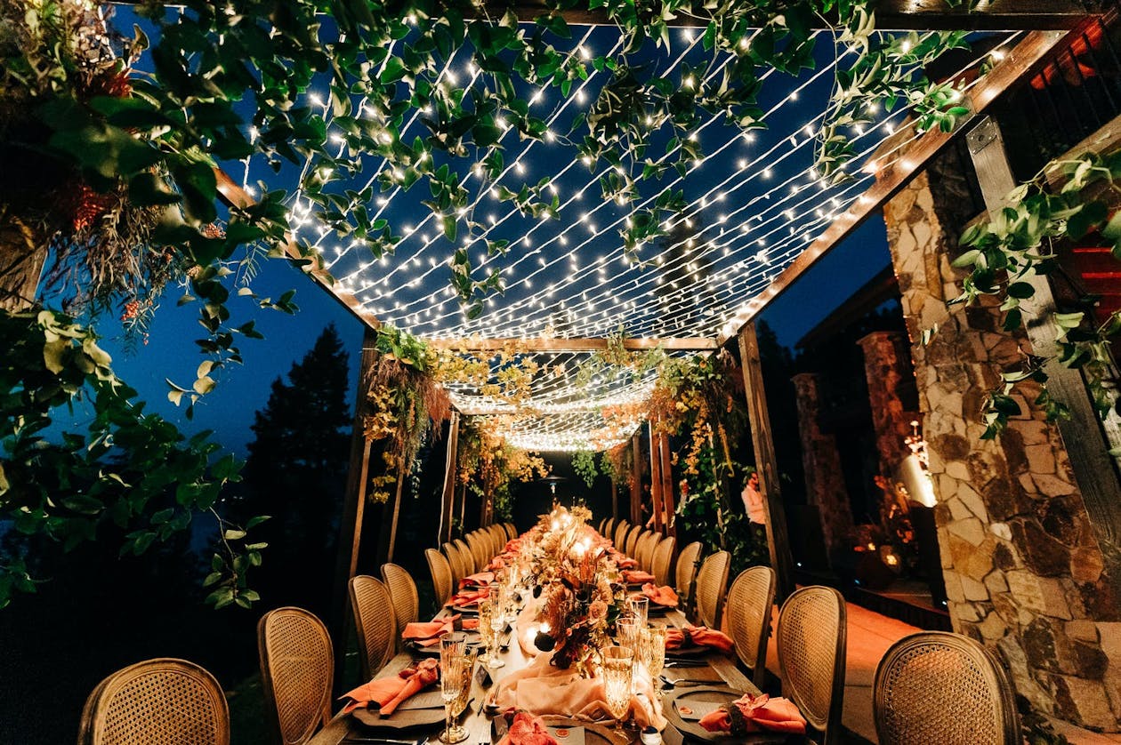 Best wedding ideas: outdoor rustic wedding reception table with string light canopy