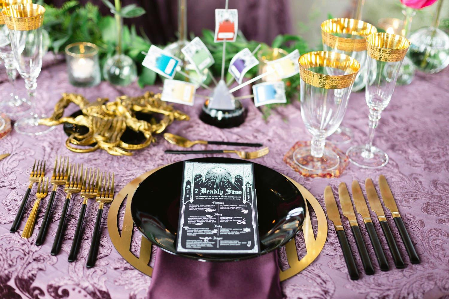 7Deadly Sins Themed Party with Purple Black and Gold Décor and Tablescape | PartySlate