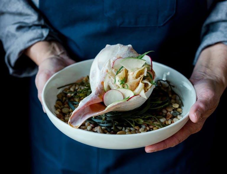 Conch shell sea food dish held by man in blue apron from Woods Hill Pier 4 in Boston, MA | PartySlate