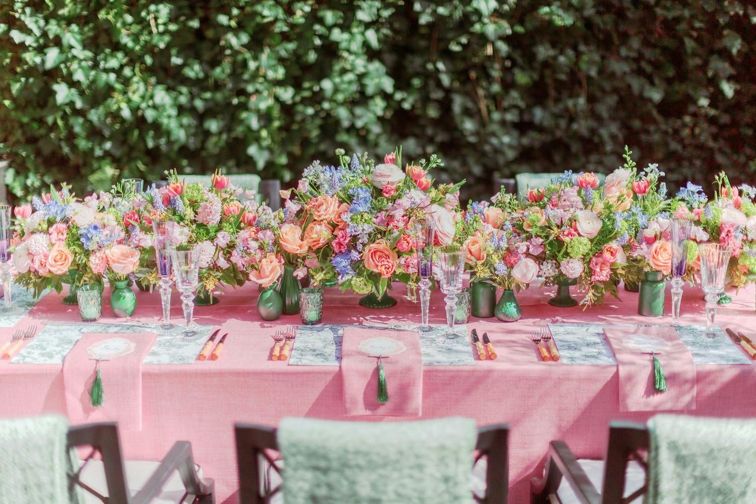 Pretty Pink and Pastel Green Party Tablescape with Florals and Menus | PartySlate