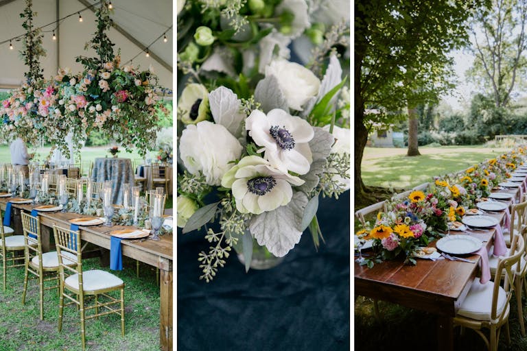 Three examples of wedding centerpiece ideas: Rustic with candle light and greenery, white anemones on dark blue linen, sunflowers accented by other bright blooms | PartySlate