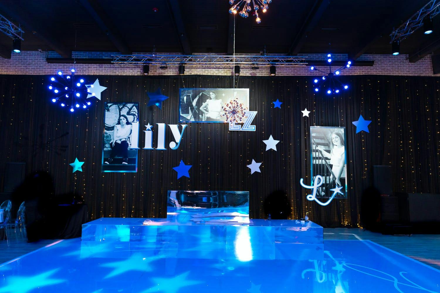 Celestial-themed Bat Mitzvah with blue dance floor | PartySlate