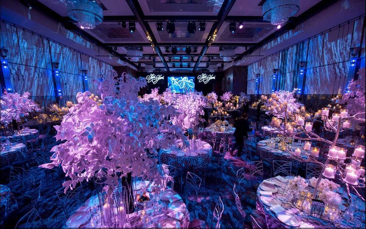 Winter wedding reception with snowy tree-like centerpieces and blue and purple uplighting | PartySlate