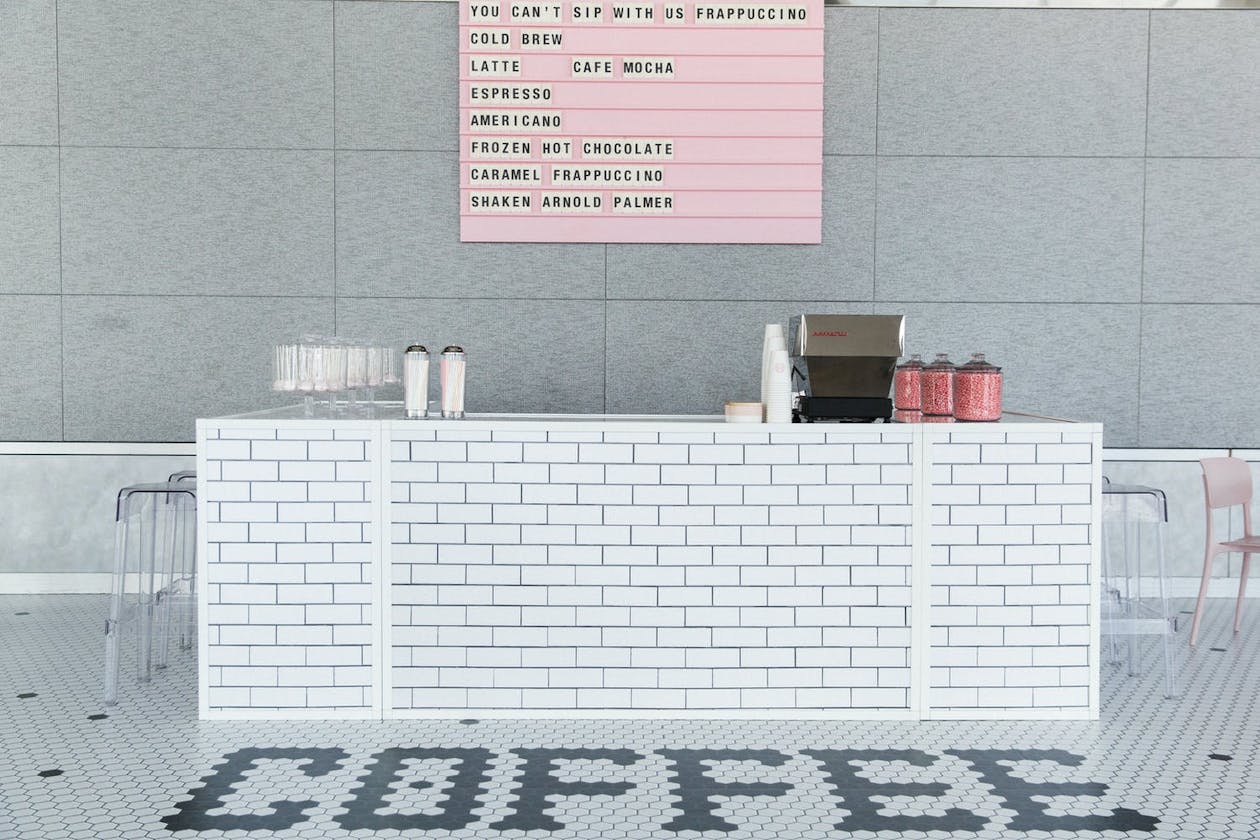 Starbucks Coffee Barista Themed Birthday Party with Pink and Black and White Accents and Tiled Floor | PartySlate