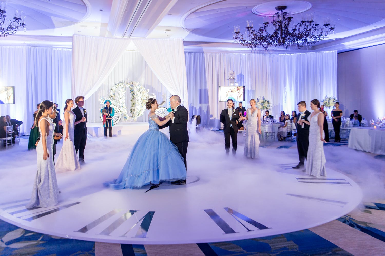 Blue and silver quinceañera father and daughter waltz with blue and silver colors | PartySlate