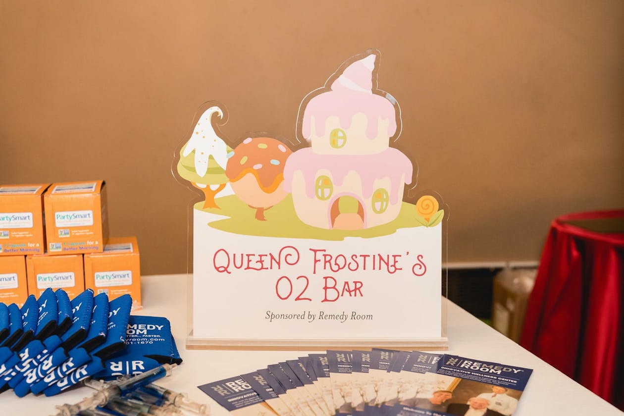 Queen Frostine oxygen booth station at Candy Land party for adults | PartySlate
