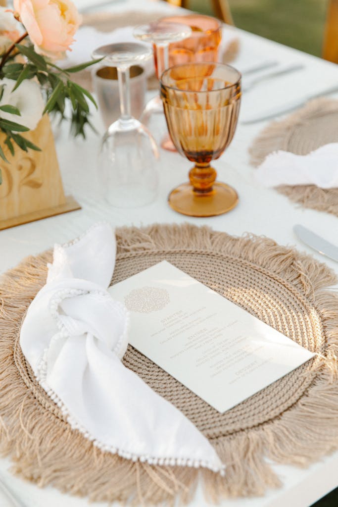 Beige Fringe Crate & Barrel Linen on Table at Home Wedding Trend | PartySlate