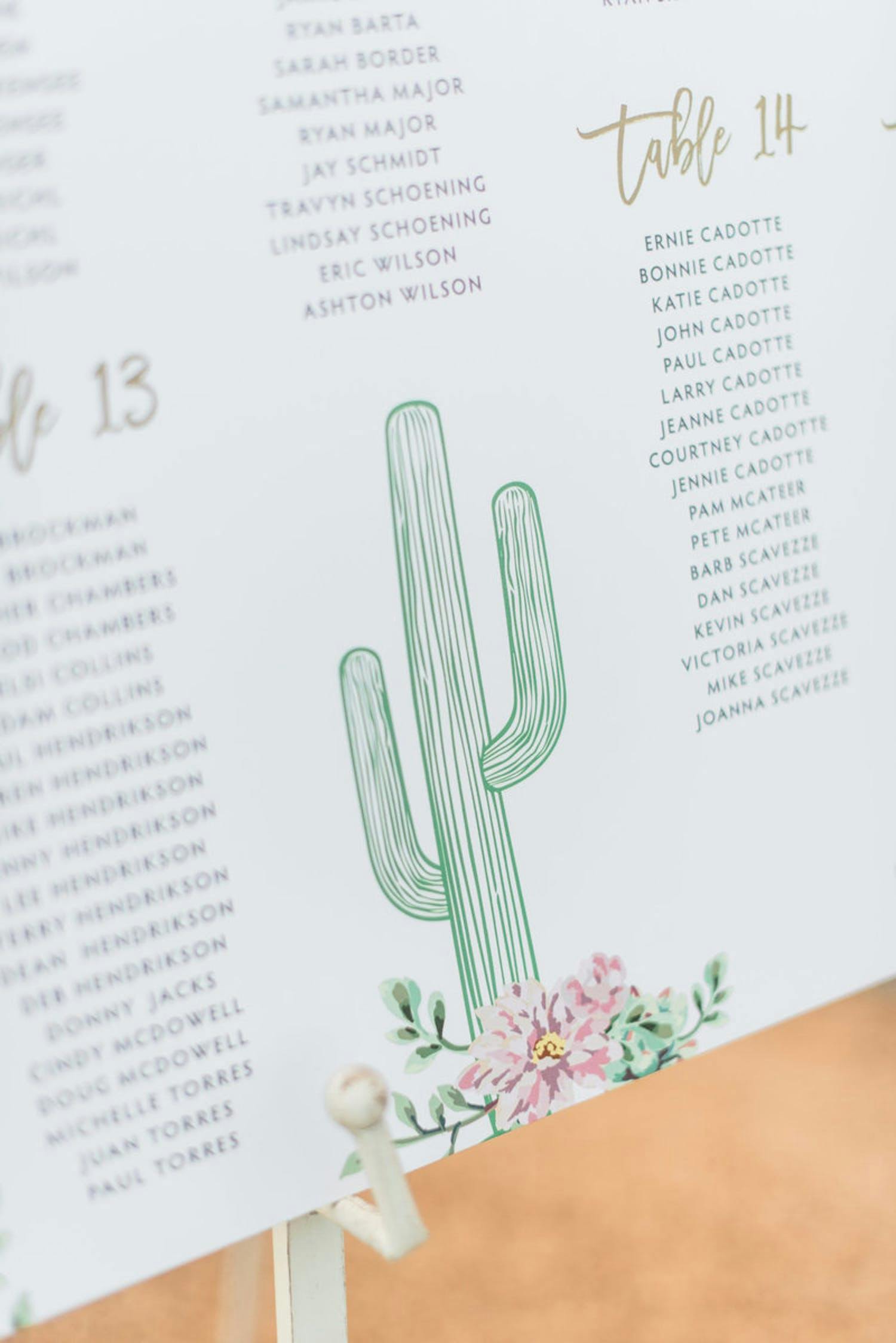 Wedding seating chart with cactus design | PartySlate