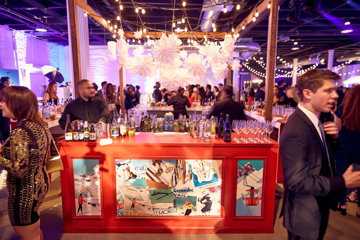 A red event bar with a graphic ski design on the front | PartySlate