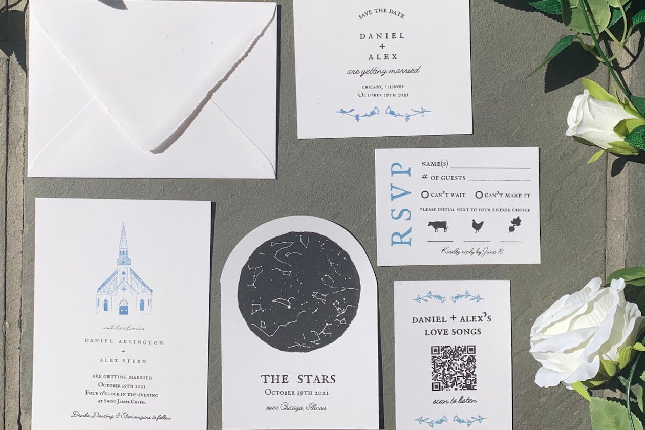 Star and Moon Astrological Blue and White Wedding Invitations and Envelopes | PartySlate