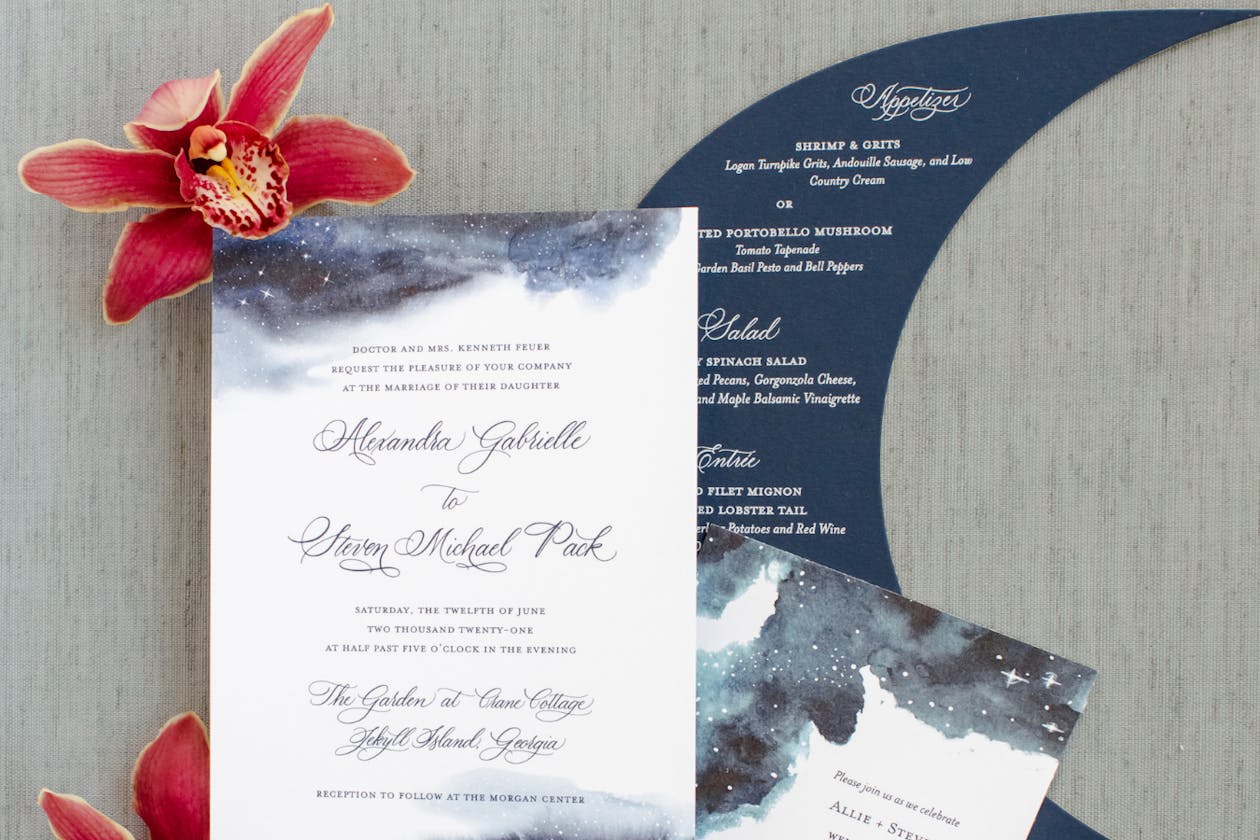 Celestial Wedding Invitation With Moon Shaped Stationary | PartySlate