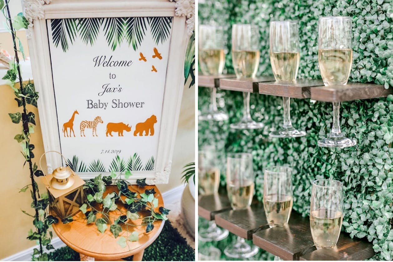 Jungle theme shower with champagne wall and animal signage | PartySlate