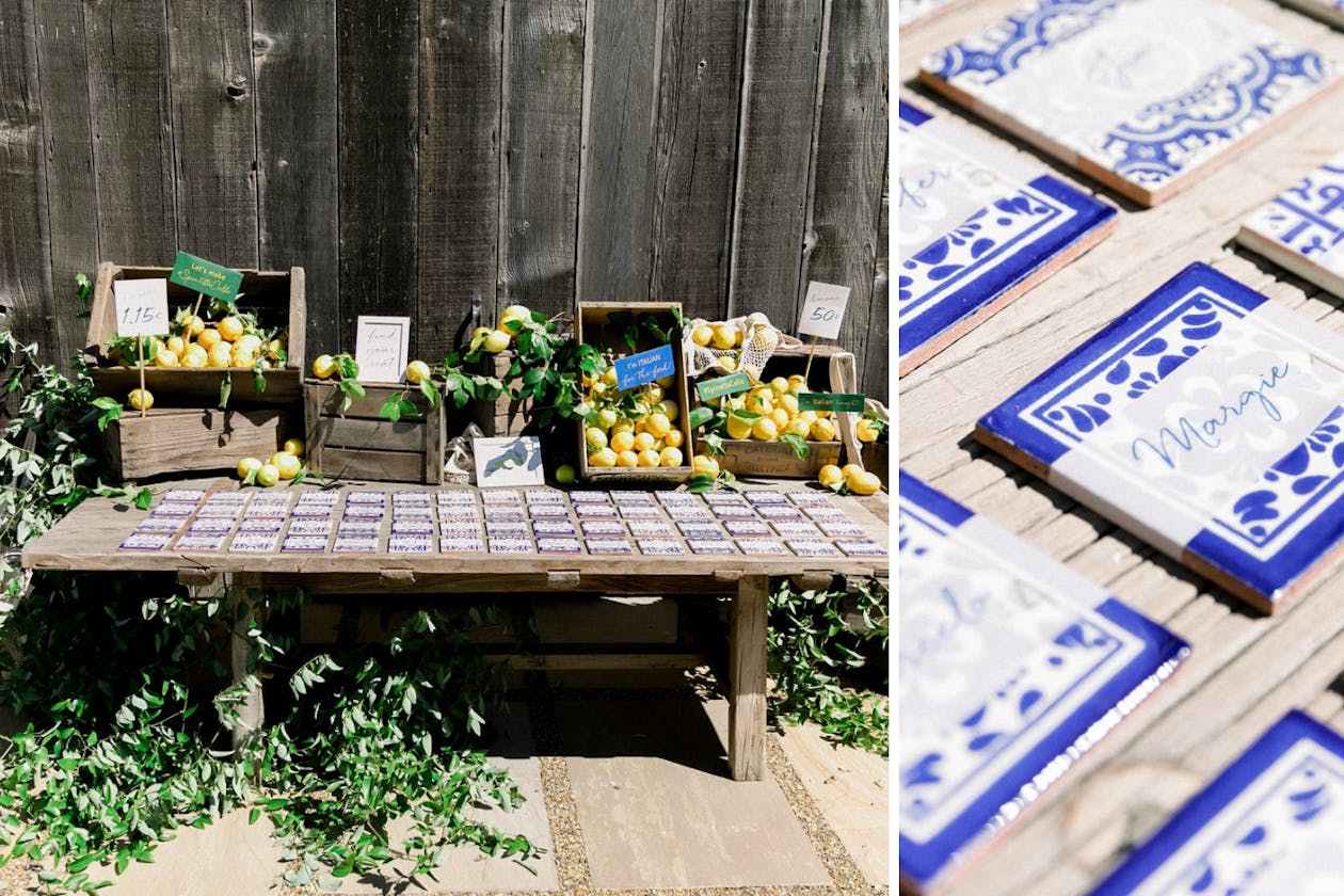 Riviera-inspired birthday party with lemons and blue tile escort cards | PartySlate