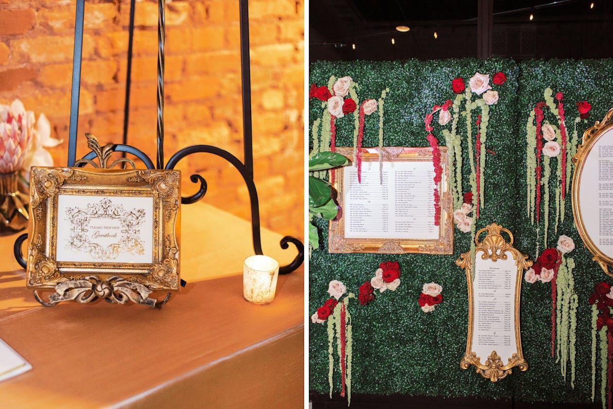 Vintage wedding theme with gold gilt picture frame escort wall with boxwood backdrop | PartySlate