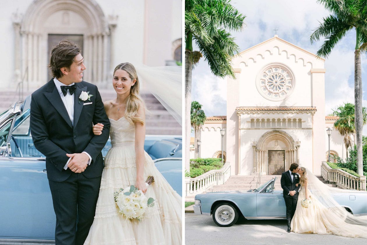 The newlyweds pose in front of a baby blue 1965 convertible that once belonged to the bride's grandmother  — proving some styles never go out of fashion.
