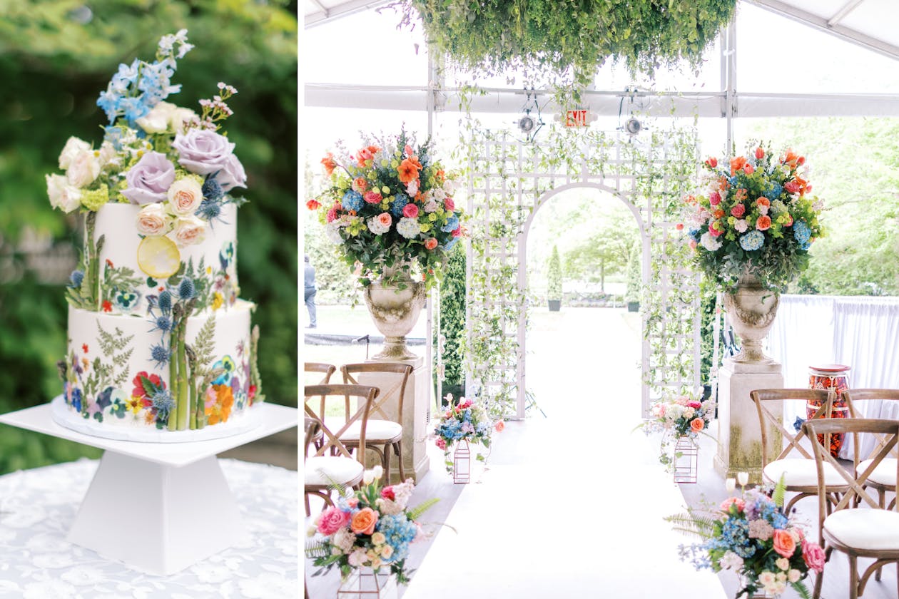 Wedding with colorful flowers, moss, and cake with flowers and asparagus | PartySlate