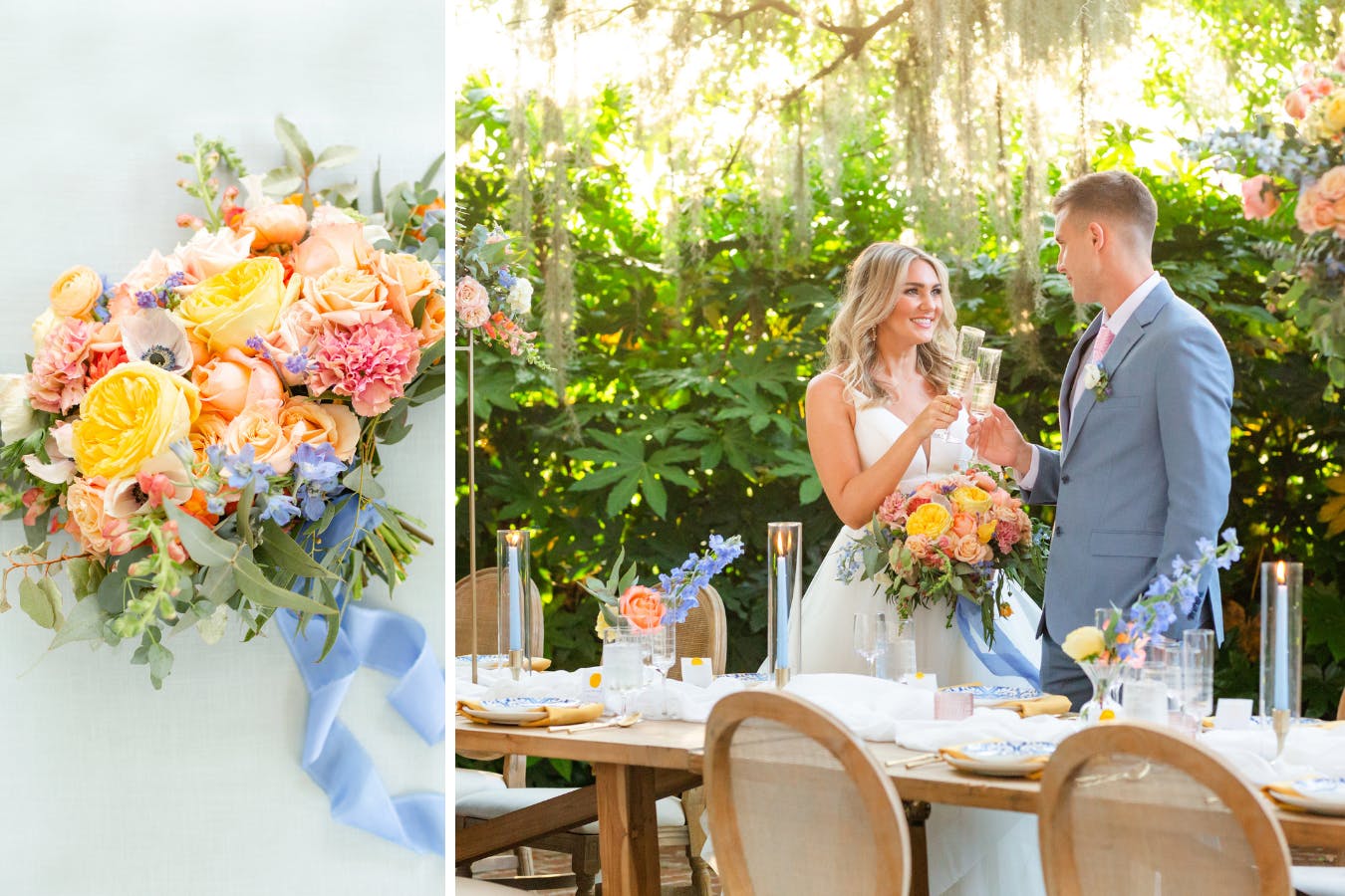 Cheerful bouquets pair with elevated tablescapes for a stylish garden wedding that’s also playful. | PartySlate
