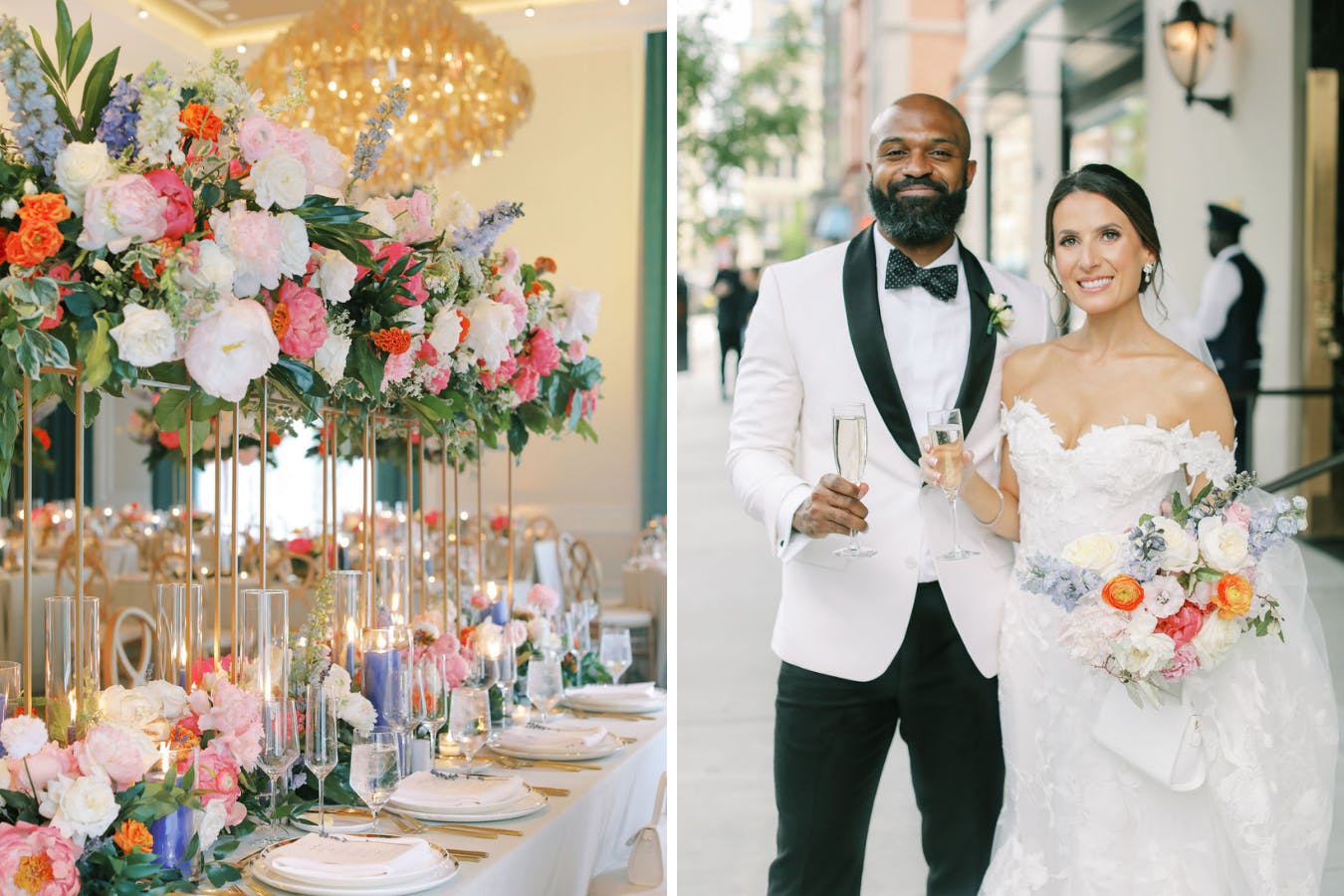 This elegant spring wedding mixed whimsy and classical charm with blue delphiniums, pink and white peonies, and lush greenery | PartySlate