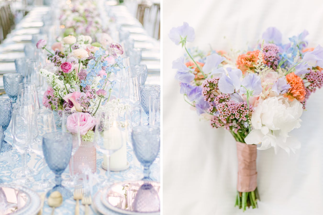 Soft spring florals and ice blue glassware combine to create a picture-perfect tablescape for al fresco dining. | PartySlate