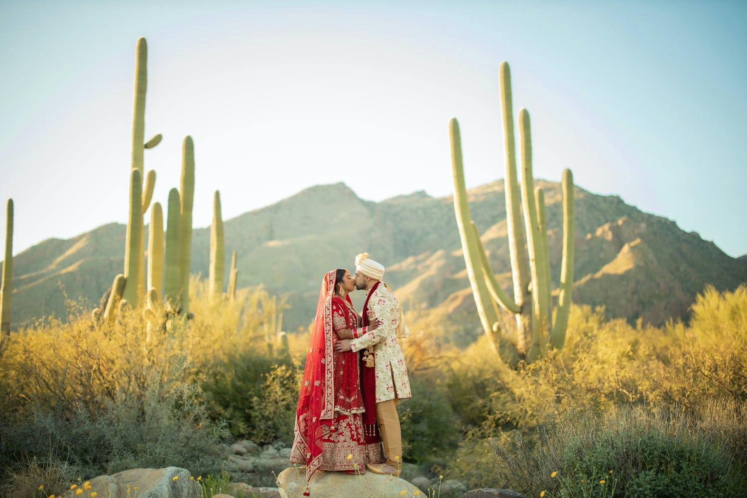 Hindu wedding first look set between two towering cacti with desert mountains in backdrop | PartySlate