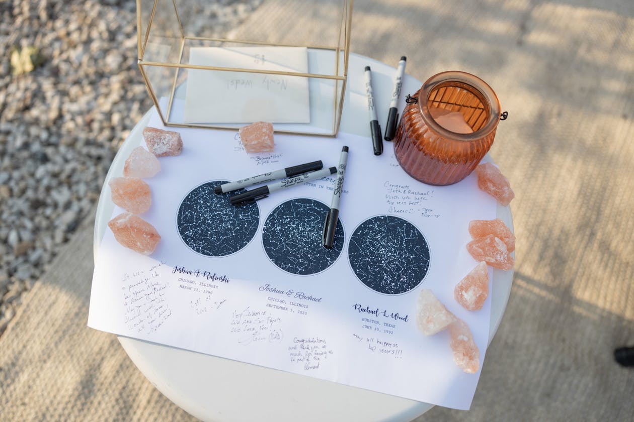 celestial themed wedding guest book with astrological signs and guest signatures | PartySlate