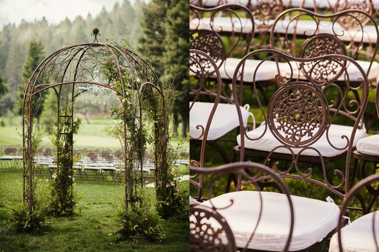 Wrought iron gazebo and seating at garden vintage wedding | PartySlate