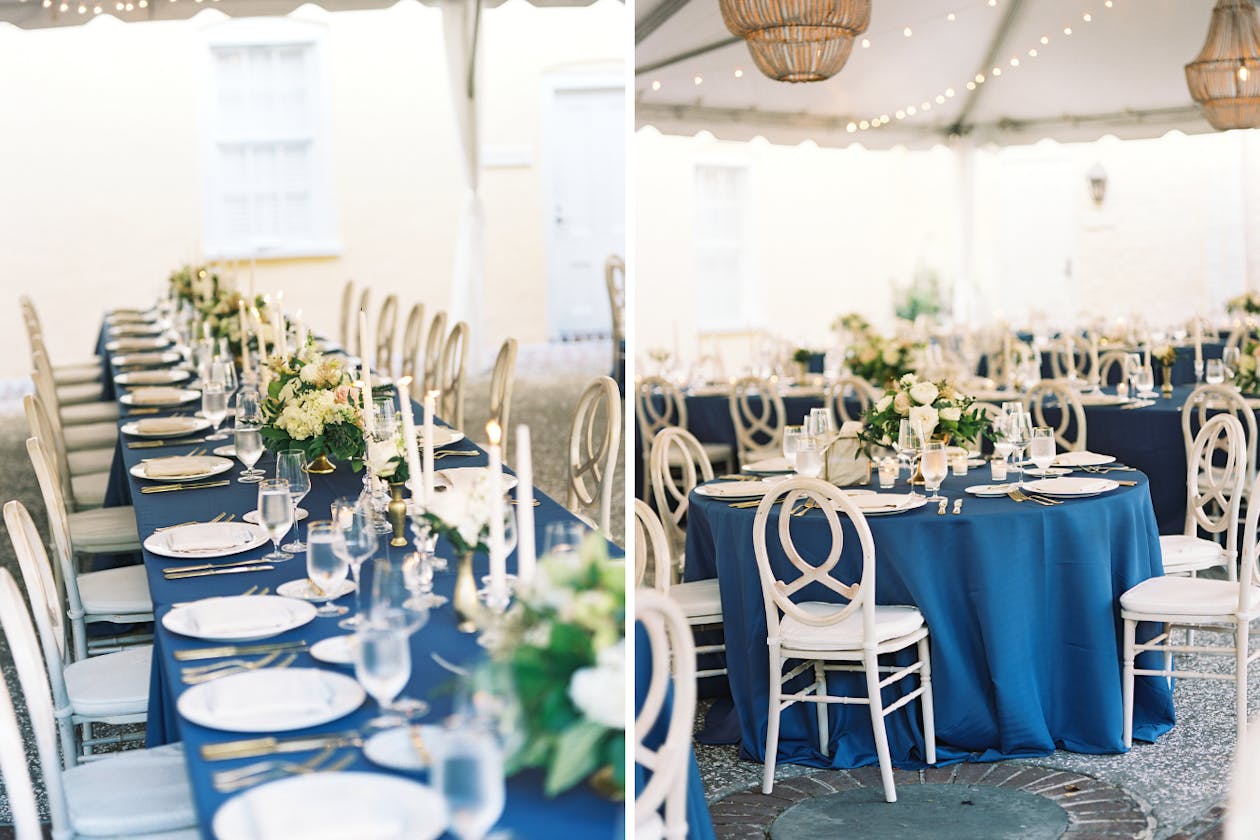 Navy Blue wedding color palette on table cloths and in floral arrangements | PartySlate
