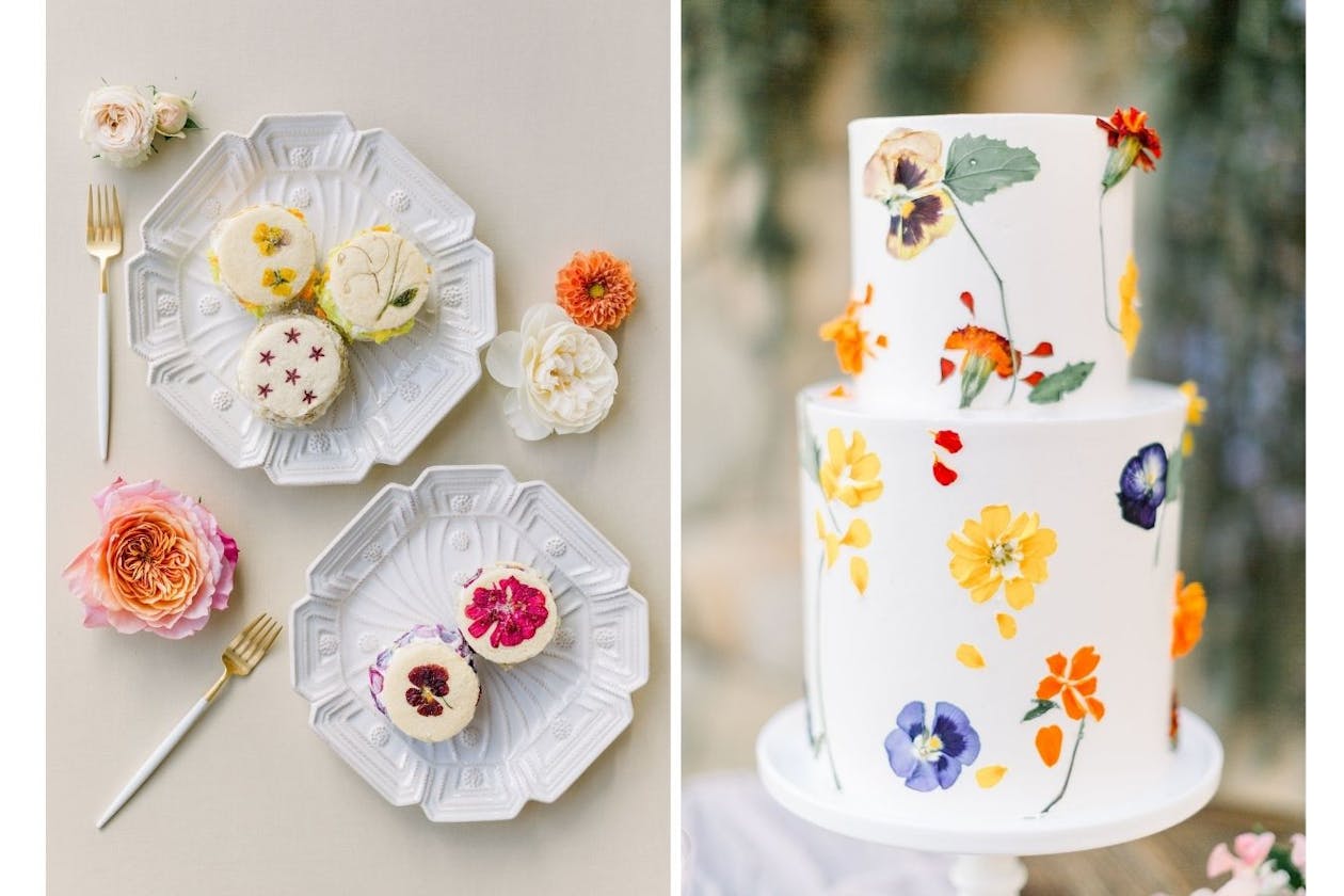 Floral-pressed wedding cake and cookies | PartySlate
