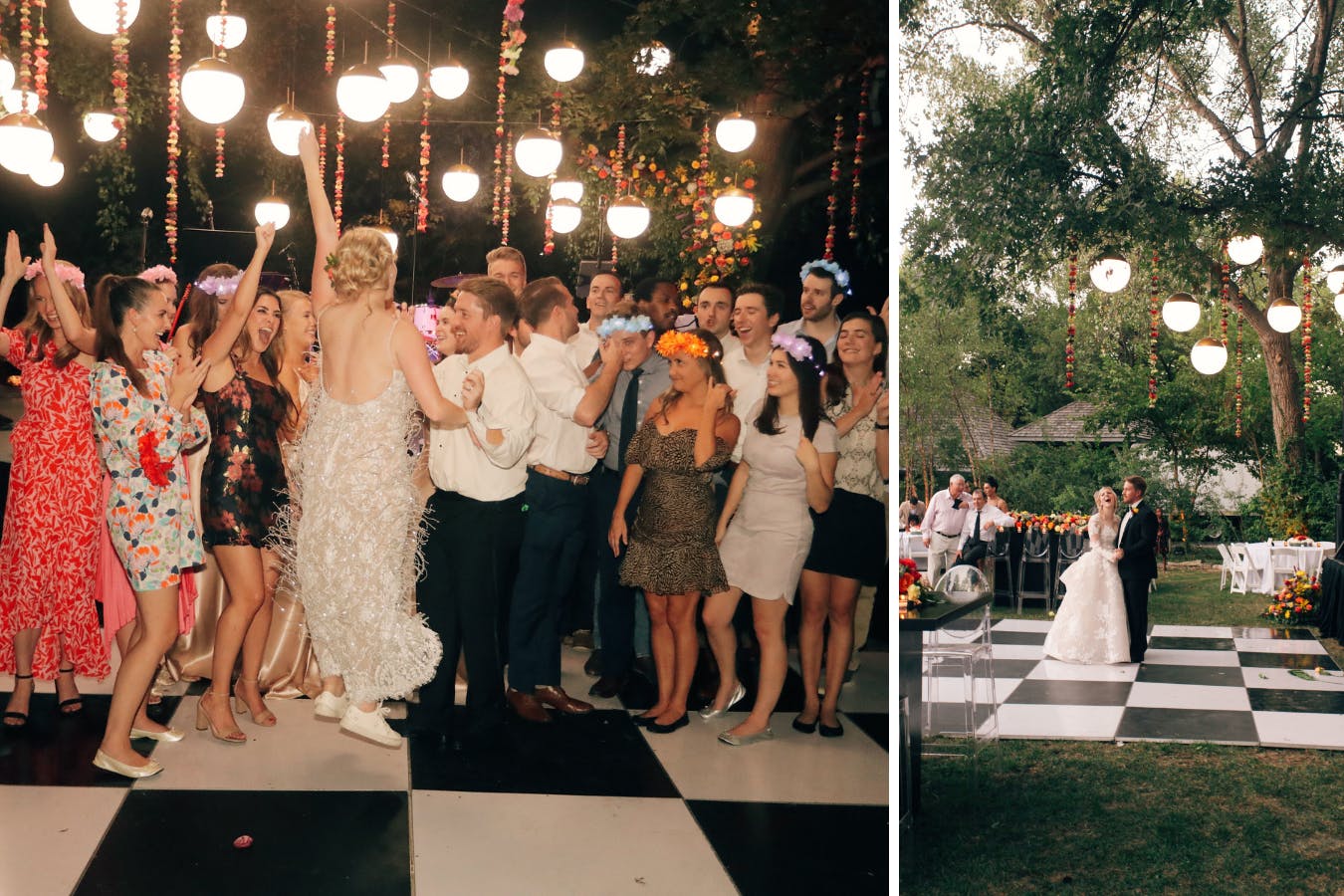 Modern outdoor wedding with globed lighting in treetops | PartySlate