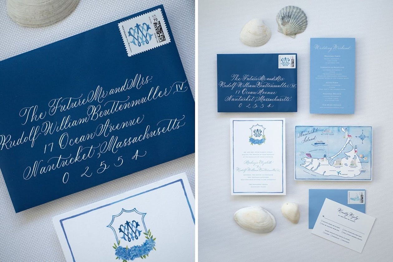 Blue and white wedding invitation suite | PartySlate
