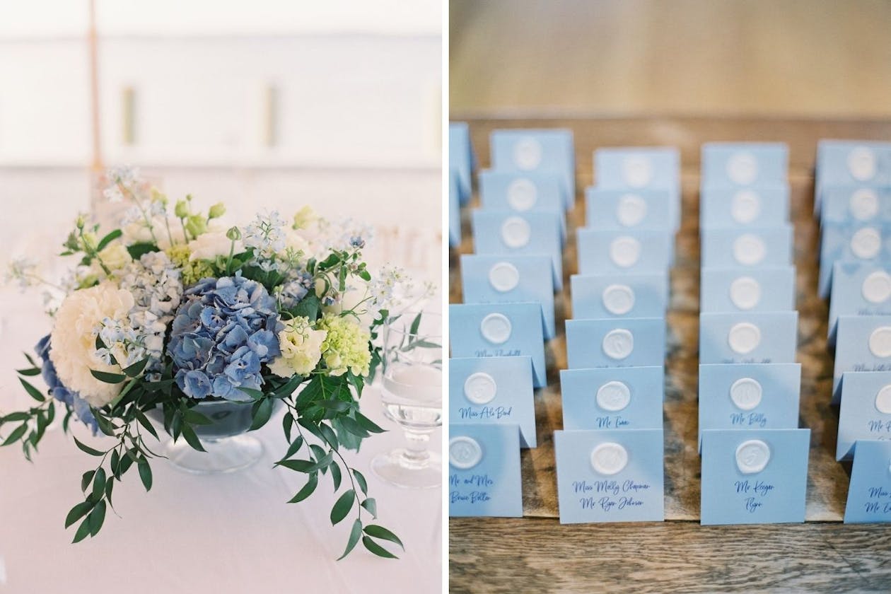 Blue and white wedding escort cards and hydrangea centerpiece | PartySlate