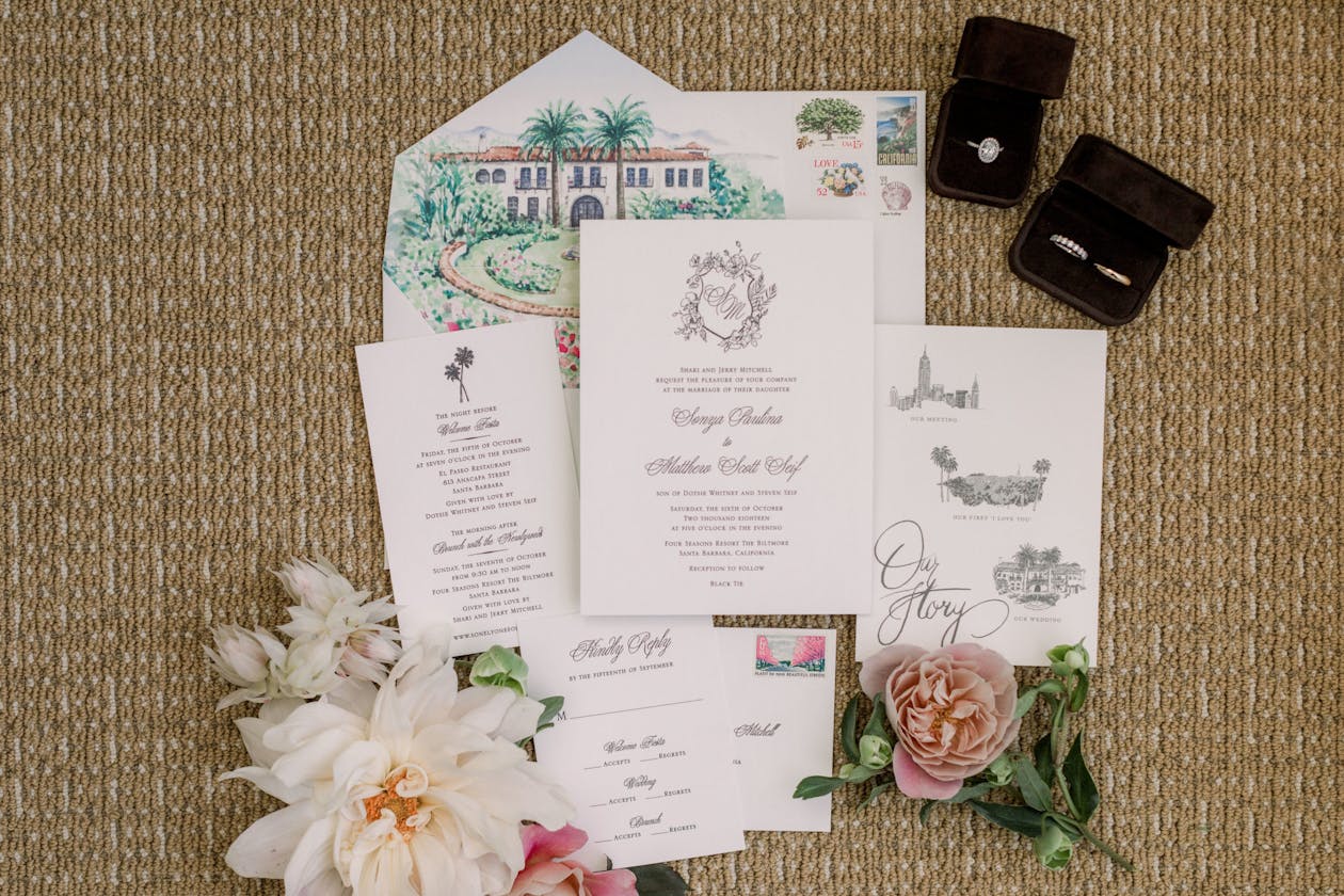 Wedding invitation suite featuring Four Seasons Resort The Biltmore Santa Barbara | PartySlate
