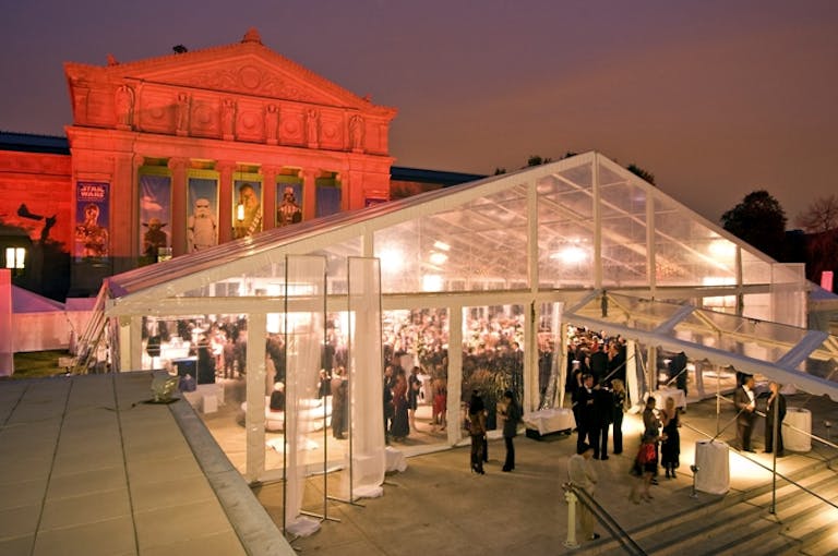 outdoor patio of Museum of Science and Industry, Chicago with tent and outdoor lighting | PartySlate
