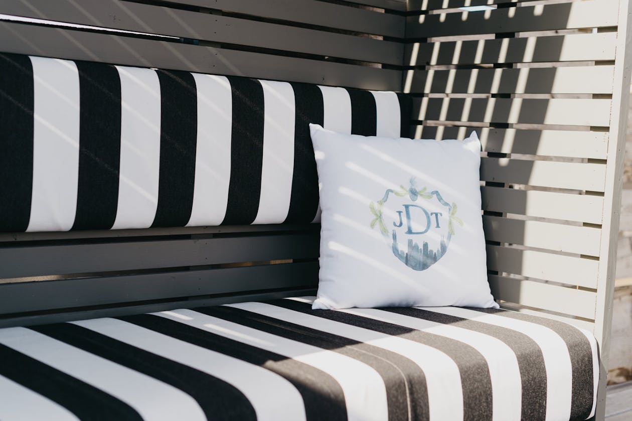 Blue and white striped lounge area | PartySlate