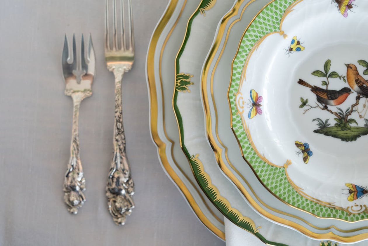 Close up of garden-inspired chinaware | PartySlate