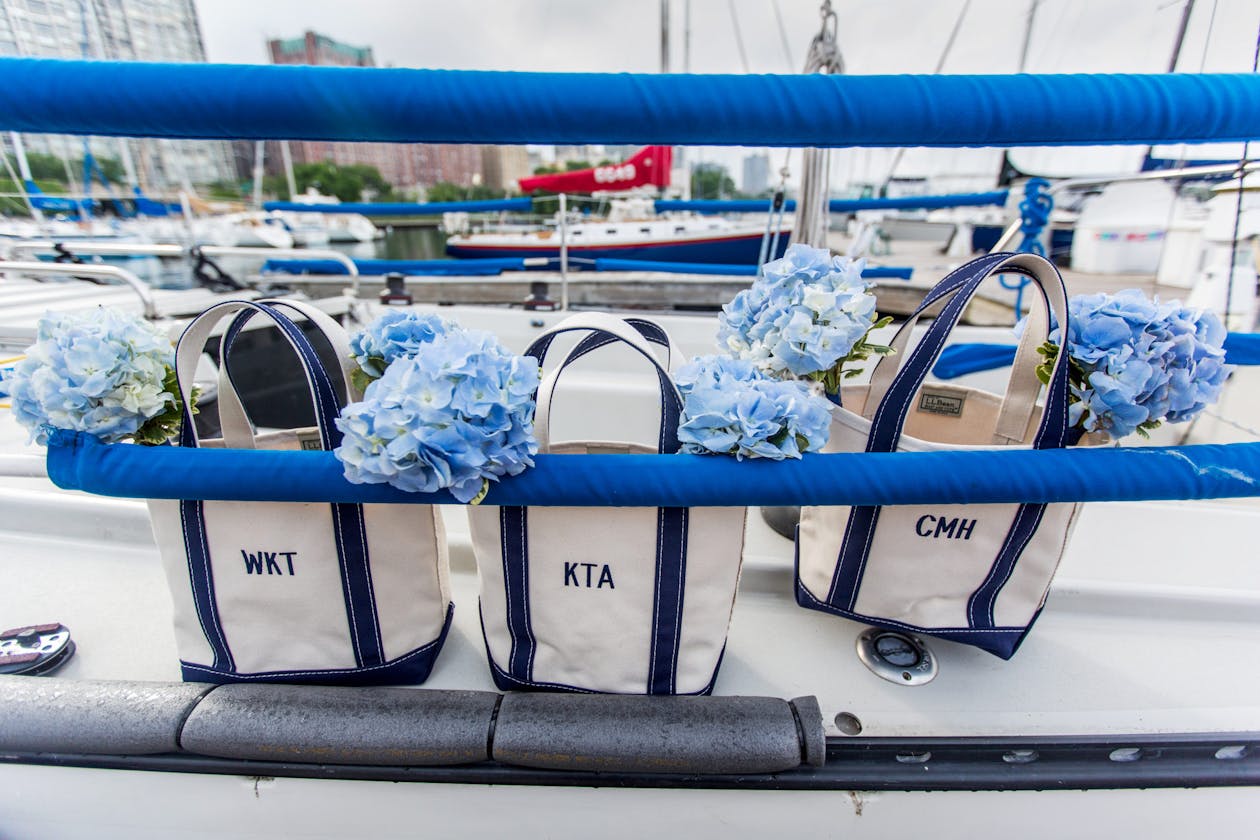Blue and white party favor custom tote bags | PartySlate