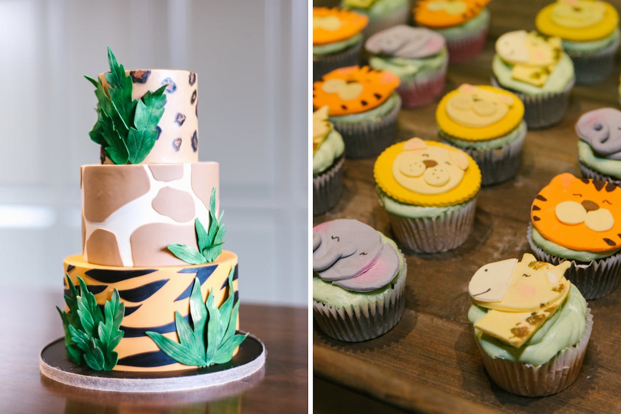 jungle safari themed baby shower with cake and cupcakes to match the animal theme | PartySlate