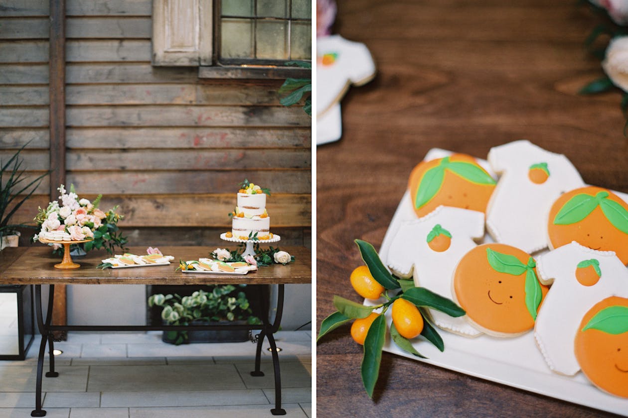 peach themed baby shower with cookies and cake in the shape of peaches | PartySlate
