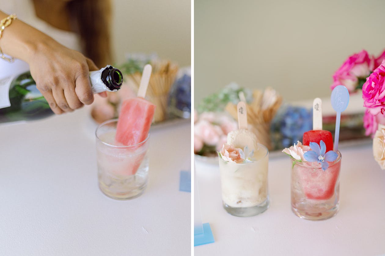 baby shower with champagne pour overs with popsicles inside of the cup | PartySlate