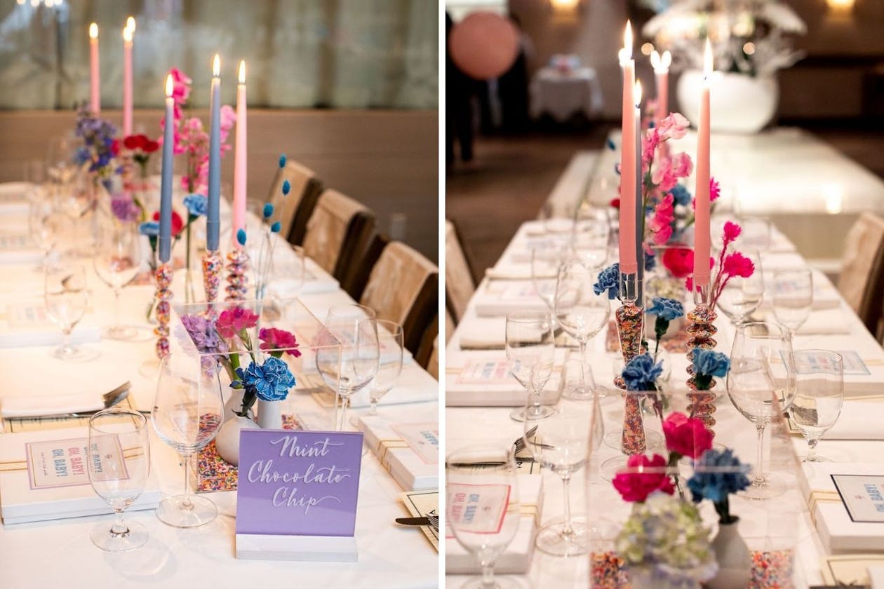 Blue and pink baby shower with sprinkles in glass candle holders | PartySlate