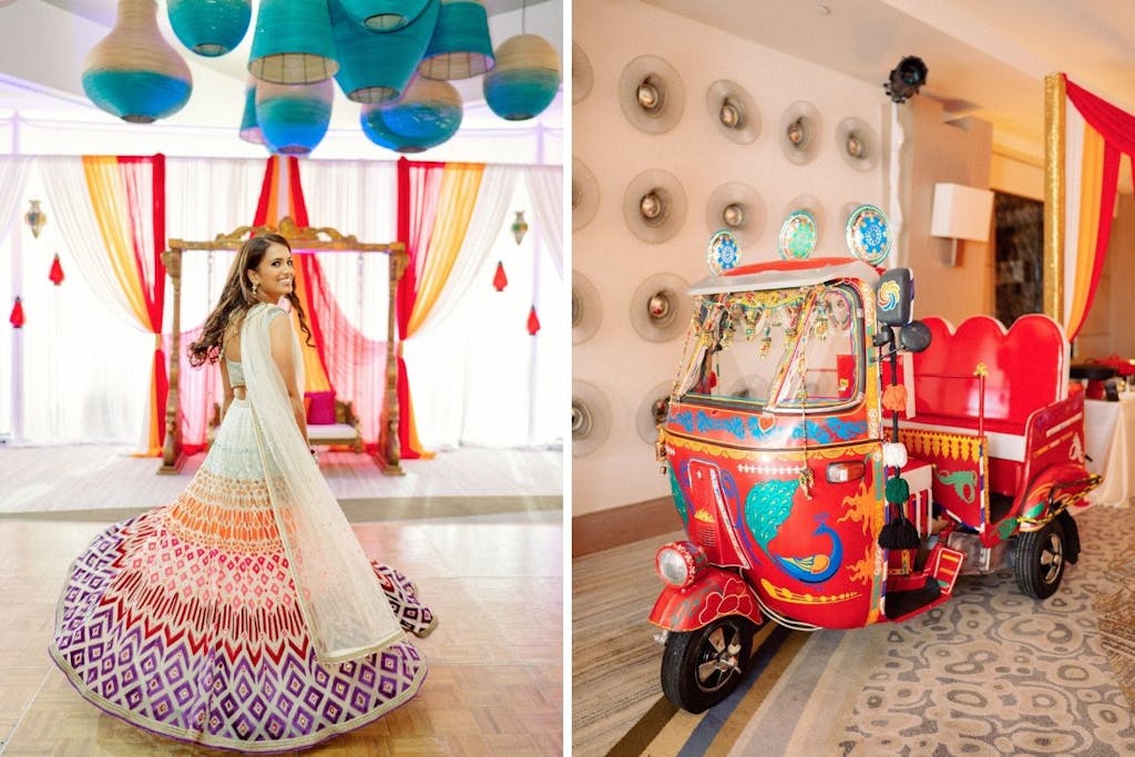 Sunset sangeet with blue ceiling décor and colorful photo ops | PartySlate
