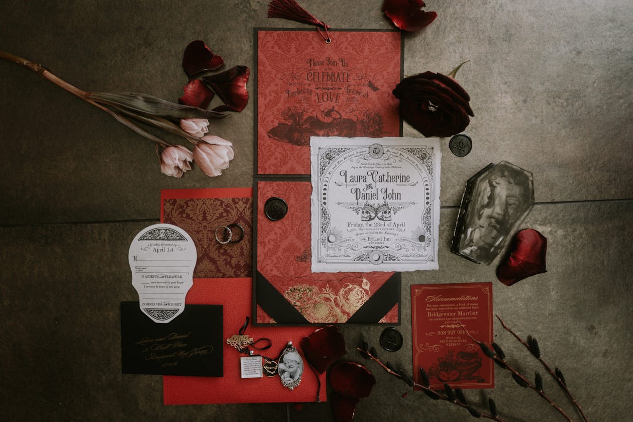 Moody wedding invitations in crimson and black | PartySlate