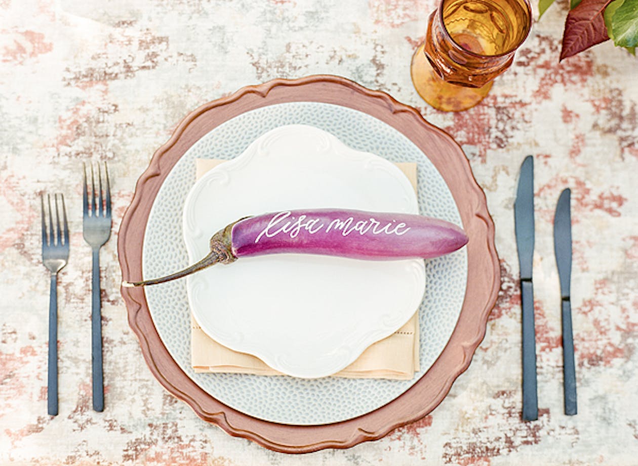 Place setting with personalized eggplant | PartySlate