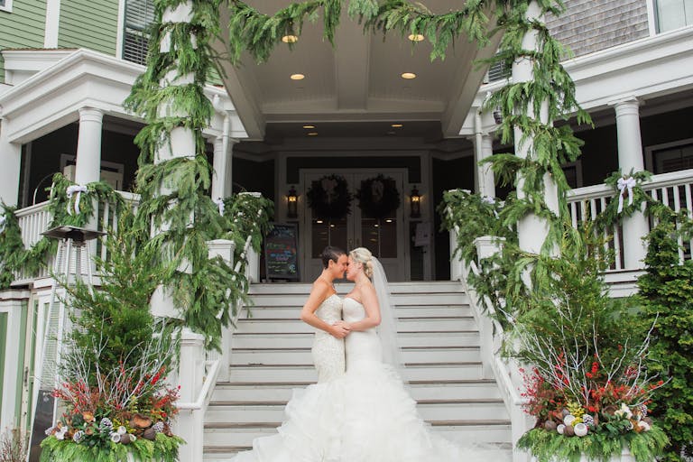 Brides standing outside the nantucket hotel Nantucket wedding venue | PartySlate