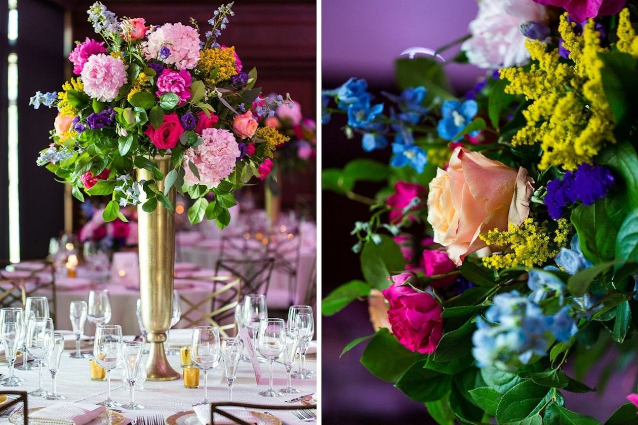 Summer indoor wedding with bright colorful flower centerpieces | PartySlate