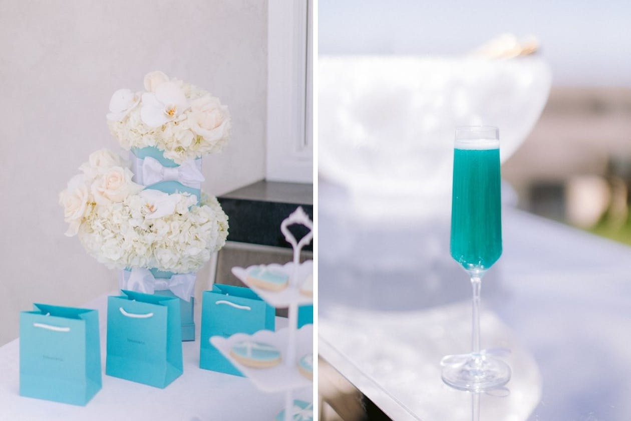 Tiffany wedding shower theme with blue champagne and gift bags | PartySlate