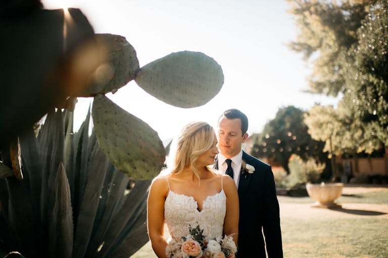 california winery wedding venues with couple standing in front of cactus and sun beaming behind them | PartySlate